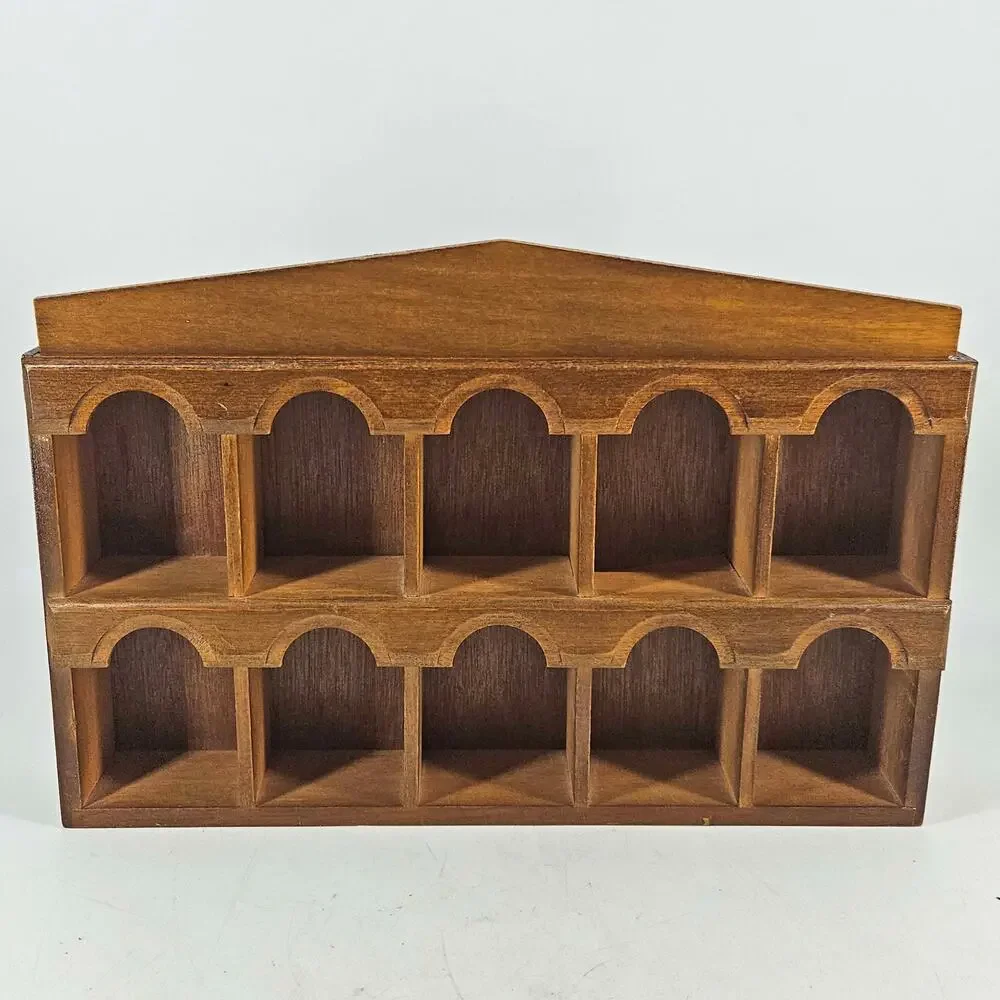 Vintage wood wooden curio shadow box arched cubbies trinket shelf